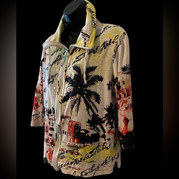 Onque Casuals Tops - Onque Casuals tropical zip 3/4 sleeve shirt jacket rhinestone palm trees L